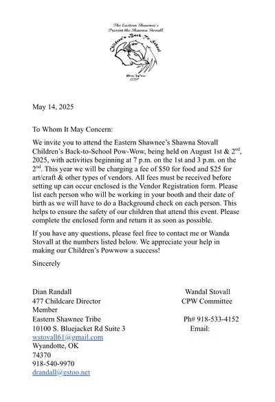 Vendor Letter for Childrens Powwow